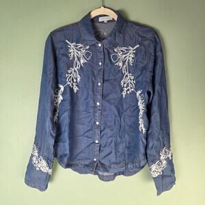 Solitaire Women Medium Tencel Chambray Snap Front Boho Western Shirt Embroidered